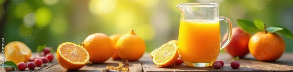 Orange juice in pitcher, fruit on table, morning light, fresh, orange slices Orange juice in pitcher, fruit on table, morning light, fresh, orange slices