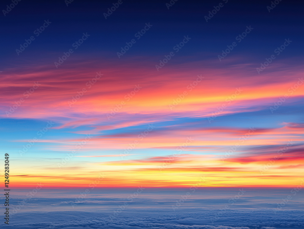 Fototapeta premium Vibrant sunset sky with gradient hues over sea of clouds
