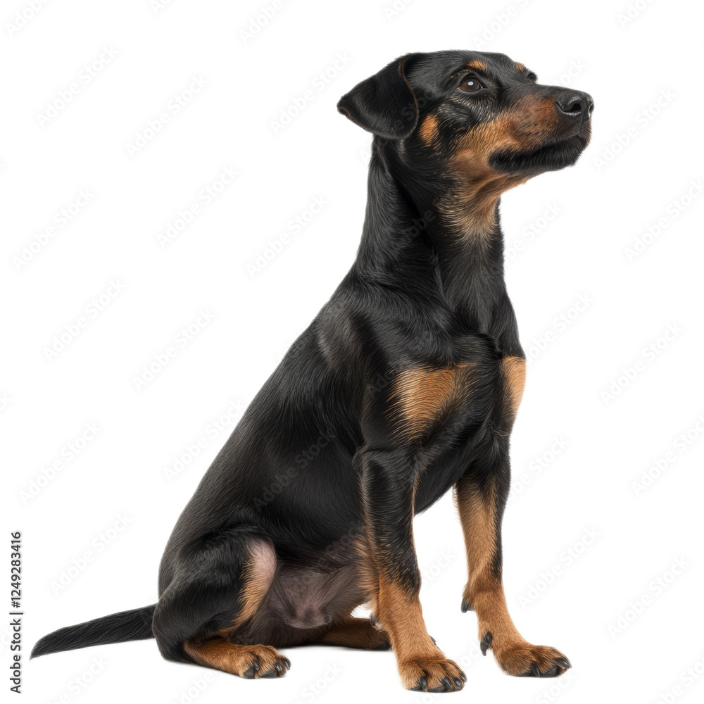 Miniature Pinscher Sitting Against White Background
