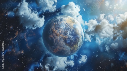 A massive blue planet rises above soft, floating clouds in a bright sky photo