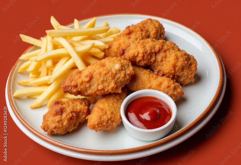 Breaded Chicken Strips and Fries with Ketchup on Plate Breaded Chicken Strips and Fries with Ketchup on Plate