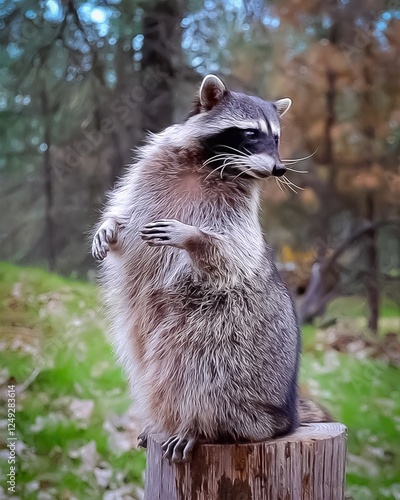 Wallpaper Mural Pensive Raccoon: Captivating image of a raccoon standing upright on a log, looking contemplatively into the distance.
 Torontodigital.ca