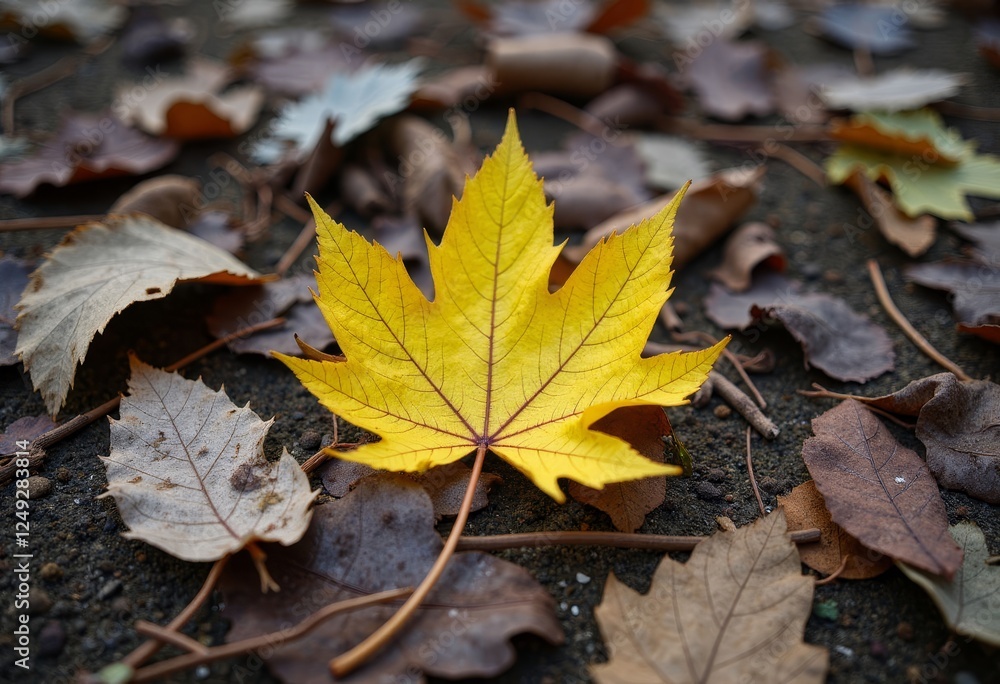 Bright Yellow Maple Leaf Among Autumn Leaves on the Ground Bright Yellow Maple Leaf Among Autumn Leaves on the Ground