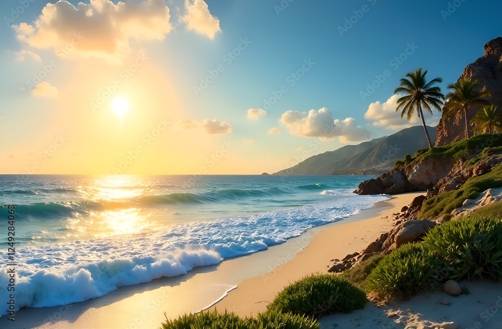 Obraz premium Tropical beach with ocean and palm trees