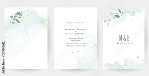 Herbal eucalyptus and gold vector frames. Hand painted branches, leaves on white backgrounds. Greenery wedding simple minimalist invitations. Watercolor cards. All elements are isolated and editable
