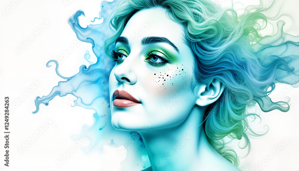 Serene woman gazing thoughtfully with fluid ocean waves, tranquility Serene woman gazing thoughtfully with fluid ocean waves, tranquility