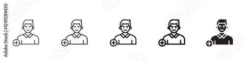 set of 5 pixel perfect User add icon with 1 unexpanded, 1 silhouette, User add for user registration, account creation and team management designs