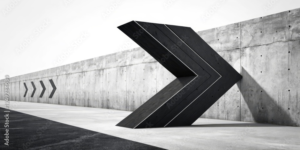 Fototapeta premium Black Arrow Concrete Structure Minimalist 3D Composition, Architecture, Design, Abstract Architectural Visualization, Concrete Wall