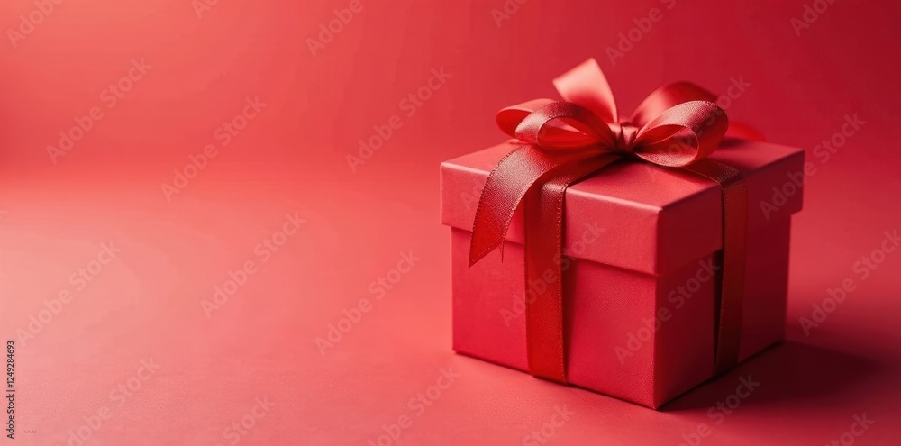 Obraz premium Red heart-tied gift box, festive ribbon, present inside, ribbon, box