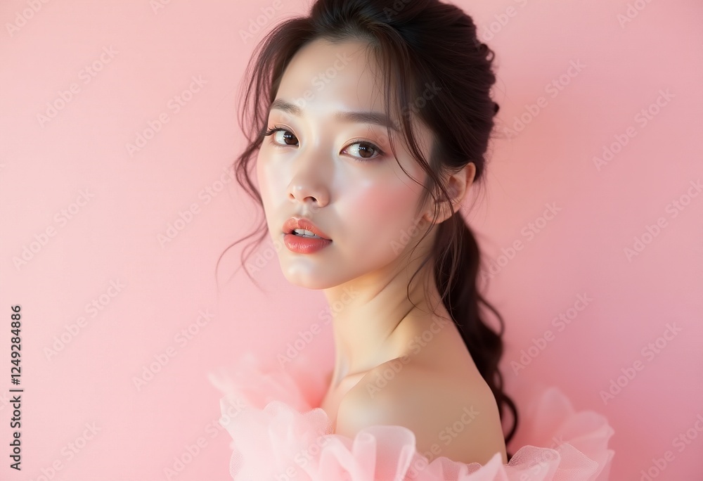 輝く肌とエーテル的な輝き:ピンクのチュールドレスを着た素晴らしい日本人女性、柔らかな拡散照明、パステルピンクの背景、韓国の美学、控えめなメイクのポートレート。
輝く肌とエーテル的な輝き:ピンクのチュールドレスを着た素晴らしい日本人女性、柔らかな拡散照明、パステルピンクの背景、韓国の美学、控えめなメイクのポートレート。
