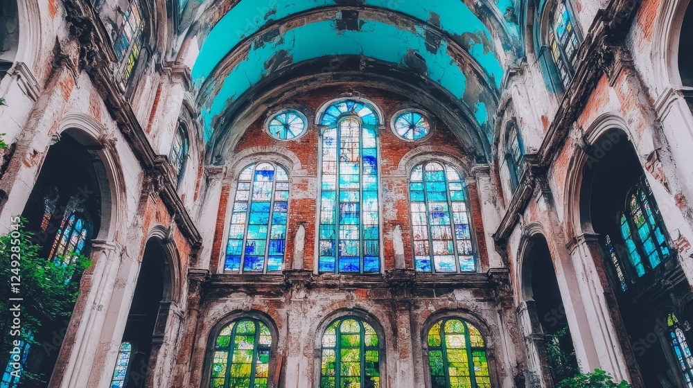 Abandoned Cathedral Interior With Stained Glass Windows And Dilapidated Arches And Columns. Abandoned Cathedral Interior With Stained Glass Windows And Dilapidated Arches And Columns.
