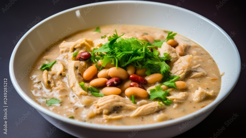 Hot and Homely White Bean Chicken Chili in a Bowl - A Hearty Mix of Chicken, Beans, Celery, & Cilantro for Comfort Cooking (in 16:9 aspect ratio) Hot and Homely White Bean Chicken Chili in a Bowl - A Hearty Mix of Chicken, Beans, Celery, & Cilantro for Comfort Cooking (in 16:9 aspect ratio)