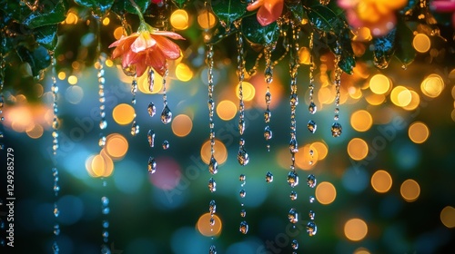 Raining flowers, night lights, garden, bokeh, website photo