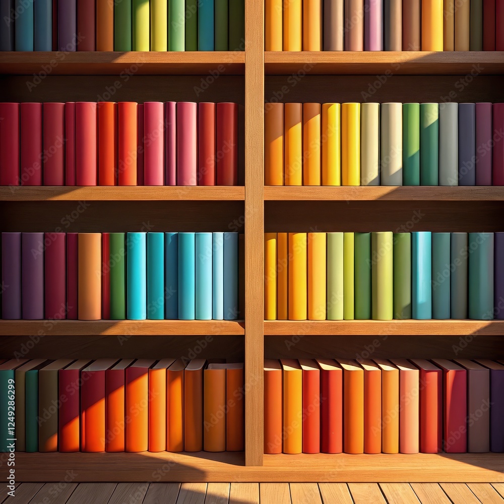 Fototapeta premium Rainbow Bookcase Colorful Bookshelf Composition, 3D Render, Wooden Shelves, Library, Books, Gradient, Bookshelf Design Library