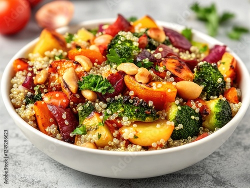 Vegetarian lunch dish with quinoa and a colorful mix of vegetables like carrots, broccoli, peppers, tomatoes, and cashews. A nutritious and plant-based meal. photo