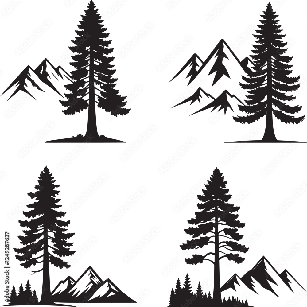 Obraz premium Pine tree silhouette set with mountain black tree silhouette illustration design, isolated on a white background.