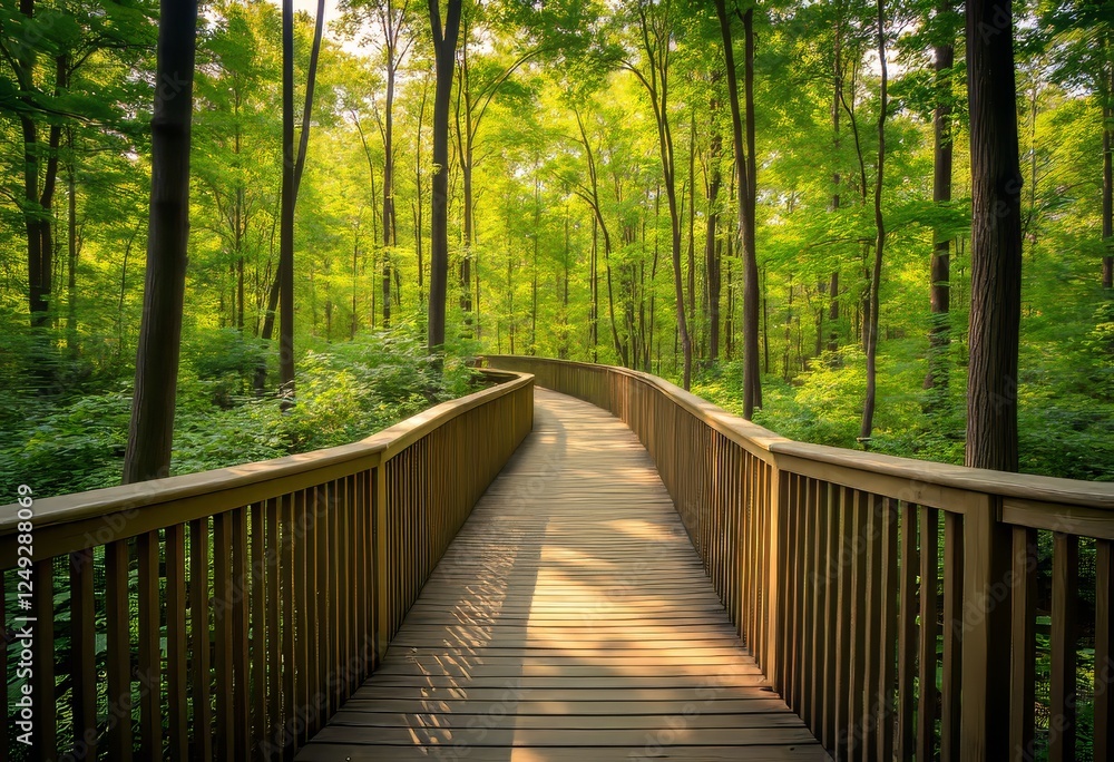 Elevated Wooden Boardwalk Through Lush Green Forest Elevated Wooden Boardwalk Through Lush Green Forest