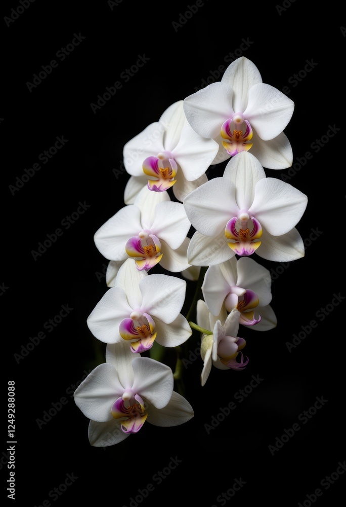 Obraz premium Elegant White Orchid Blossoms on a Black Background