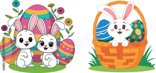Funny smiling Easter bunny or rabbit eggs bucket with flowers vector art on a white background