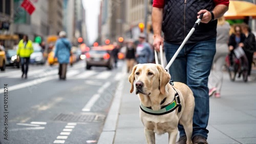 Labrador Retriever Guide Dog Leading Visually Impaired blind Person Through Busy City Street