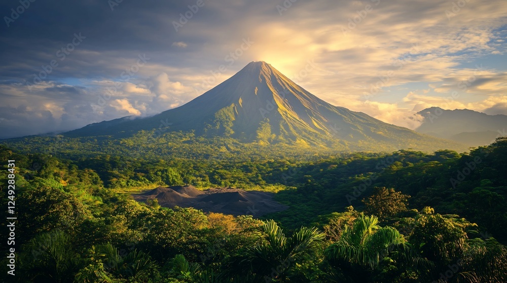 Fototapeta premium Majestic Volcano Sunset, Tropical Landscape, Travel Poster