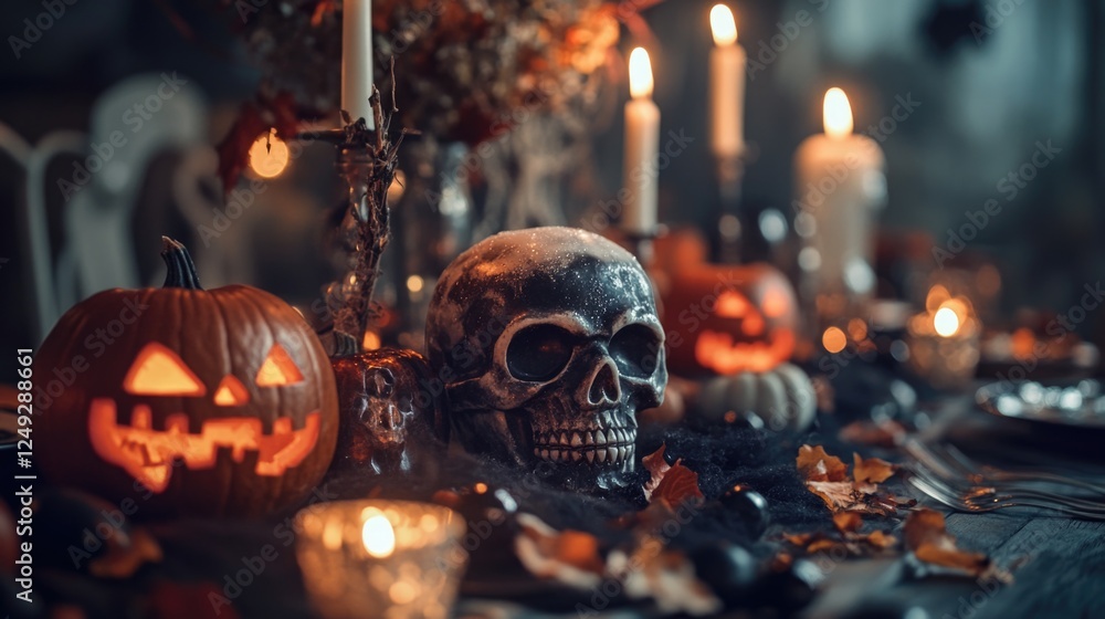 A table is set for a Halloween dinner with a skull and pumpkin decorations. The table is lit with candles and has a pumpkin and skull on it A table is set for a Halloween dinner with a skull and pumpkin decorations. The table is lit with candles and has a pumpkin and skull on it
