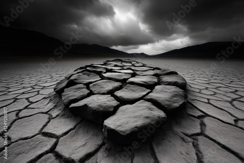 Dry cracked earth under ominous dark clouds showcasing a stark and desolate landscape in an arid region photo