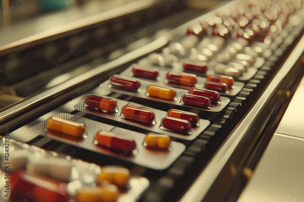 Diverse Medication Packaging on Conveyor Belt Diverse Medication Packaging on Conveyor Belt