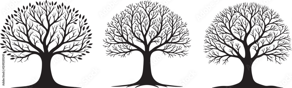 Fototapeta premium Without leaf tree silhouette vector set, black tree silhouette illustration design.