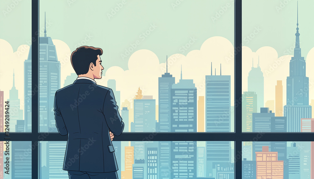 Fototapeta premium Focused employee gazing at urban skyline from office window, ambition