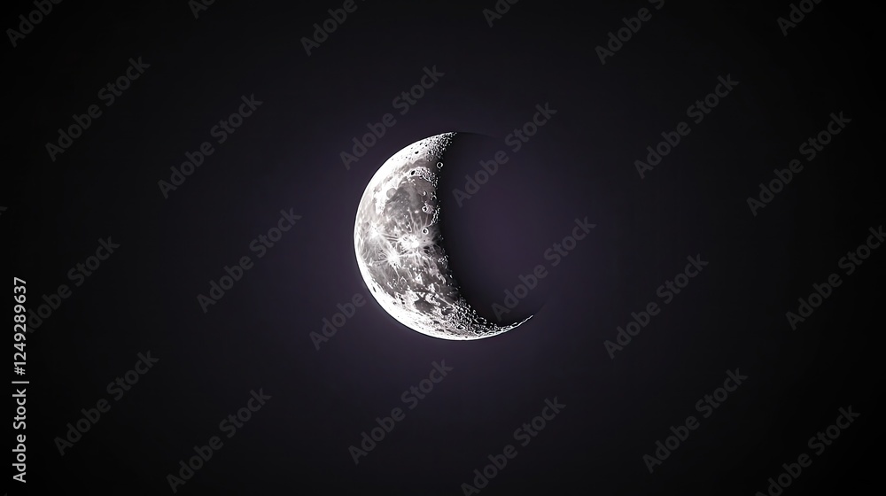 Crescent moon glowing in a dark sky with stars twinkling in the background, serene atmosphere Crescent moon glowing in a dark sky with stars twinkling in the background, serene atmosphere