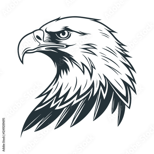 Fierce eagle head black and white vector illustration, powerful hawk falcon bird tattoo design, wildlife emblem art