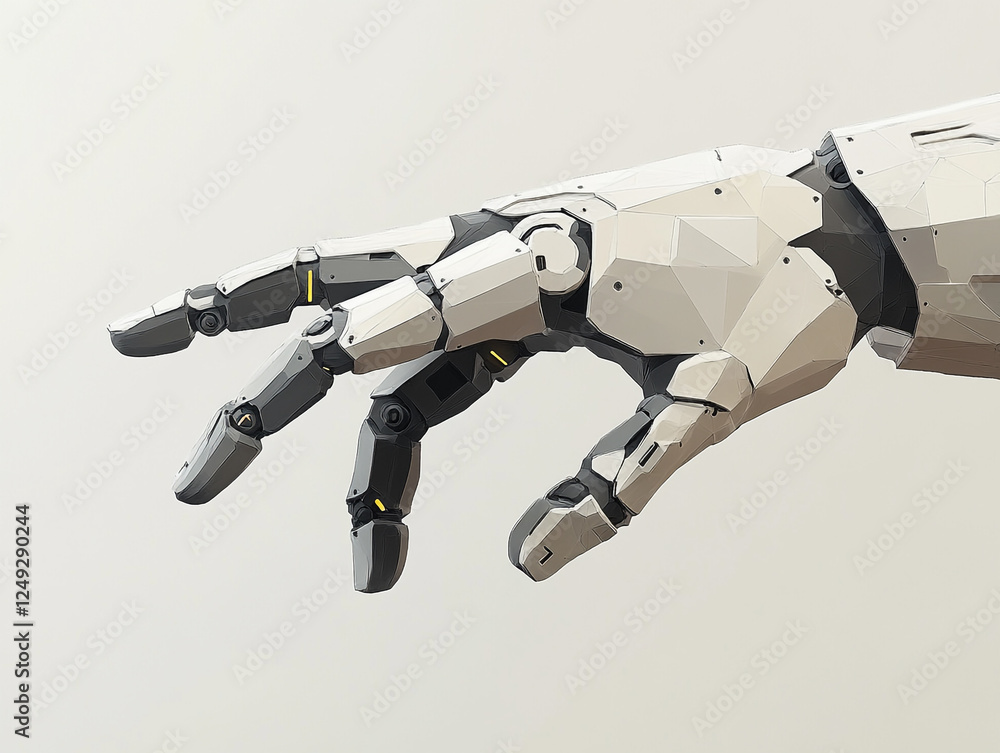 A robotic hand with articulated fingers, showcasing advanced mechanical design and technology. The hand appears to be in a relaxed, slightly open position. A robotic hand with articulated fingers, showcasing advanced mechanical design and technology. The hand appears to be in a relaxed, slightly open position.