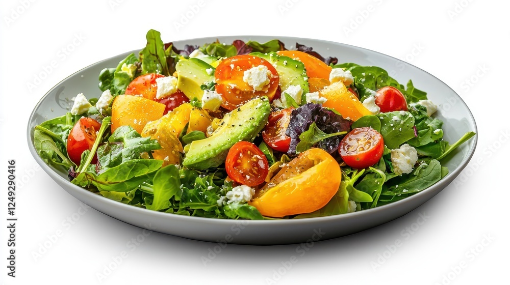 Fresh and Colorful Salad with Cherry Tomatoes, Cucumber, Peach, Feta Cheese on a White Plate Isolated on a Clean Background for Healthy Eating Concepts Fresh and Colorful Salad with Cherry Tomatoes, Cucumber, Peach, Feta Cheese on a White Plate Isolated on a Clean Background for Healthy Eating Concepts