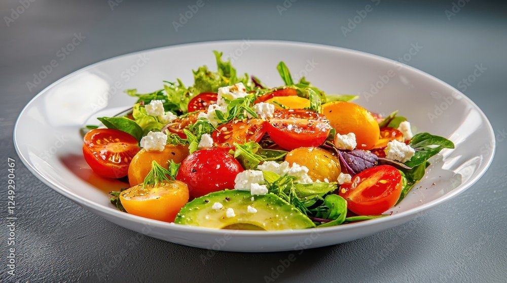 Fresh and Colorful Salad with Cherry Tomatoes, Avocado, and Creamy Feta Cheese on a Elegant White Plate Garnished with Crisp Greens and Herbs Fresh and Colorful Salad with Cherry Tomatoes, Avocado, and Creamy Feta Cheese on a Elegant White Plate Garnished with Crisp Greens and Herbs