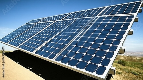 Solar panels installed on a hillside, capturing sunlight with a clear blue sky in the background photo