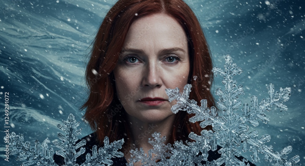 Fototapeta premium Woman's face covered obstructed and surrounded by Frozen Snow Flake, expressive cold winter weather concept