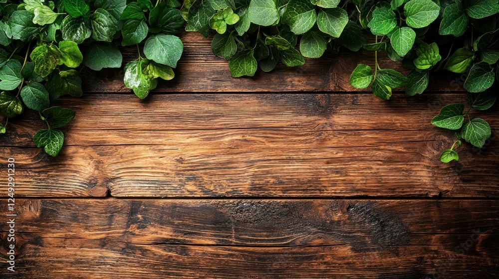 Fresh greenery border on rustic wood planks