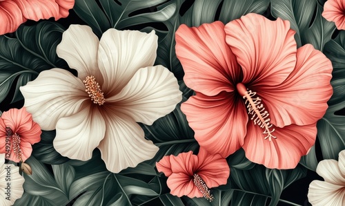 Wallpaper Mural Tropical hibiscus flowers, lush foliage, dark background; textile print Torontodigital.ca