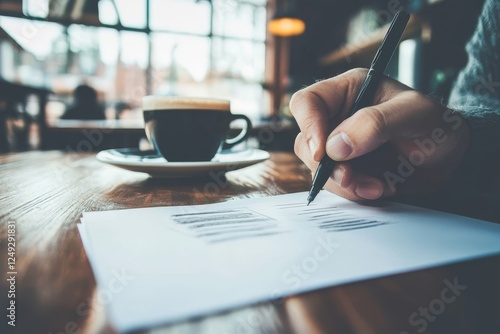 Hand Drawing with Pen Next to Coffee Cup in a Cozy Cafe Setting