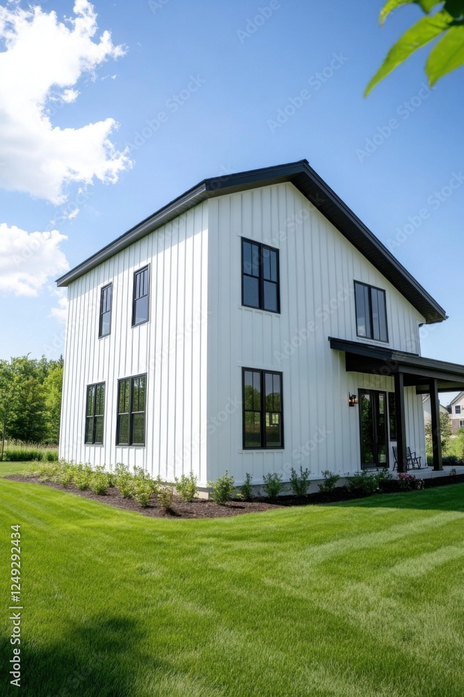 Modern farmhouse design with a spacious yard in bright sunlight showcases a striking white exterior and large windows surrounded by lush greenery Modern farmhouse design with a spacious yard in bright sunlight showcases a striking white exterior and large windows surrounded by lush greenery