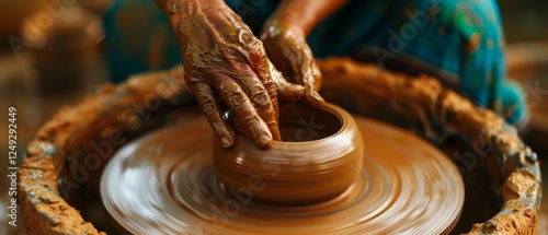 The background with the hands of a craftsman moulding a clay pot on a potter's wheel is perfect for articles about creativity and crafts, as well as for hobby and craft blogs. photo