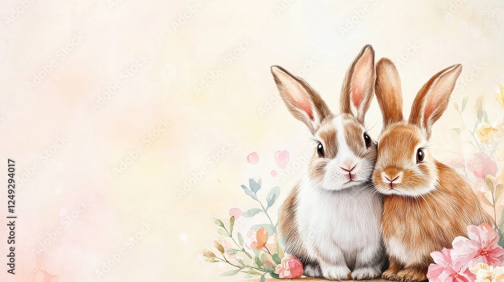 Fototapeta premium Two Rabbits Embracing in Watercolor with Floral Accents