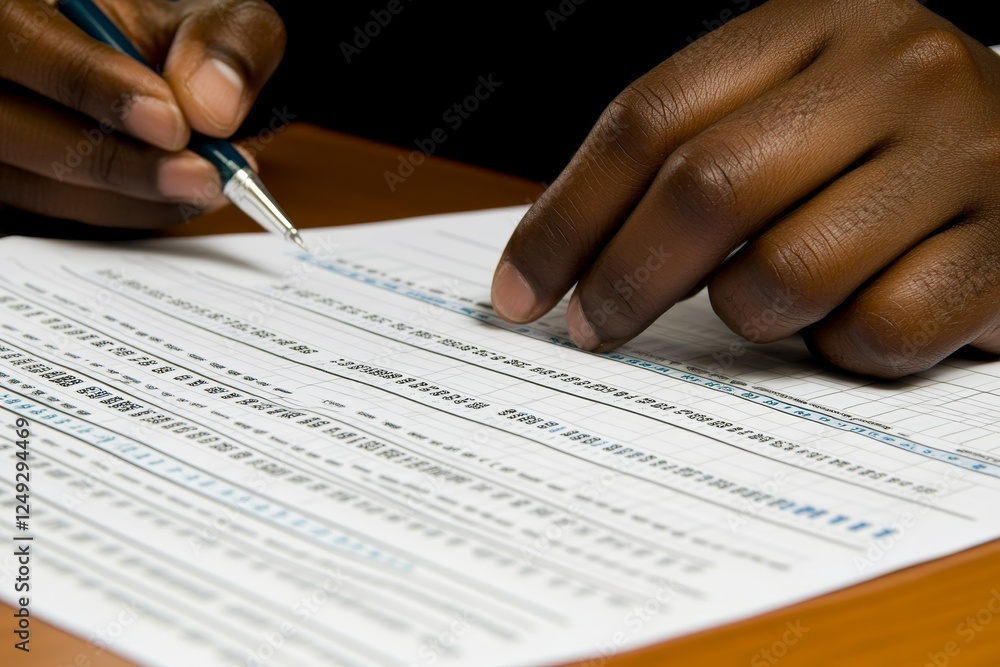 Hands Holding Pen Writing on Document with Tables and Rows Hands Holding Pen Writing on Document with Tables and Rows