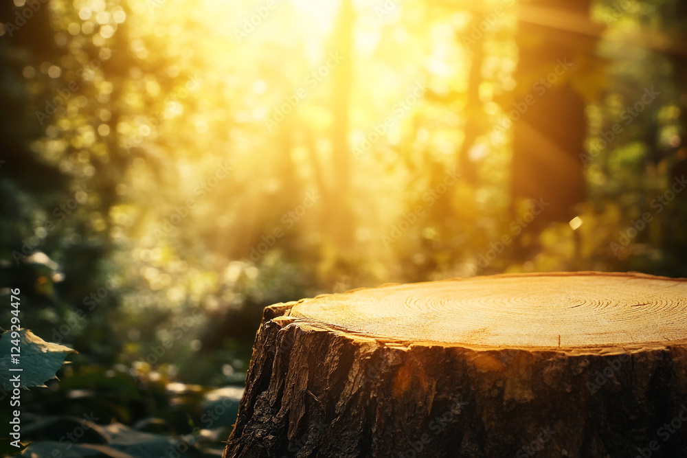 A tree stump in a forest with sunlight streaming through the trees, illuminating the stump and surrounding foliage, creating a serene and peaceful atmosphere. A tree stump in a forest with sunlight streaming through the trees, illuminating the stump and surrounding foliage, creating a serene and peaceful atmosphere.