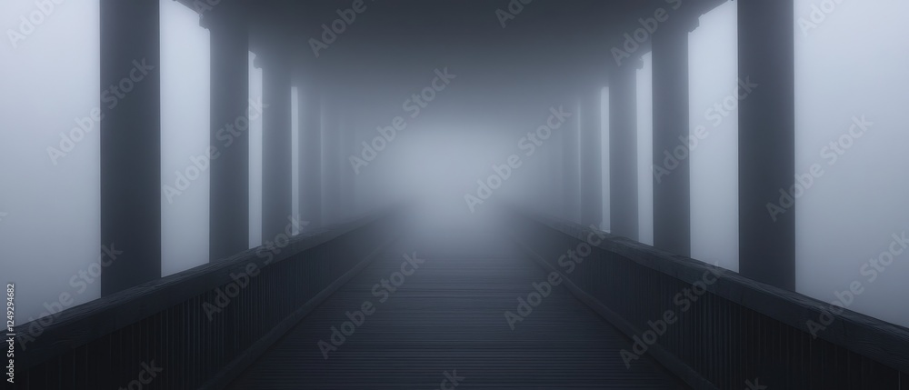 Mysterious wooden bridge in thick mist with vertical pillars in foreboding atmosphere Mysterious wooden bridge in thick mist with vertical pillars in foreboding atmosphere