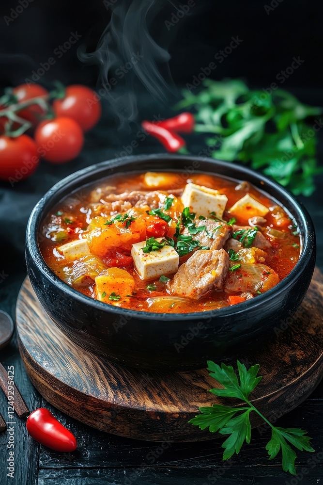 A Delicious Bowl of Hearty Stew with Fresh Vegetables, Tender Meat, and Aromatic Herbs Steam Rising in a Dark Background Perfect for Food Photography A Delicious Bowl of Hearty Stew with Fresh Vegetables, Tender Meat, and Aromatic Herbs Steam Rising in a Dark Background Perfect for Food Photography