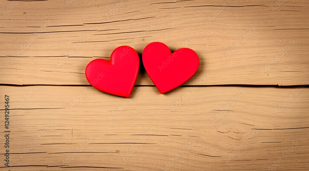 Two red hearts on a wooden backdrop for Valentine's Day Two red hearts on a wooden backdrop for Valentine's Day