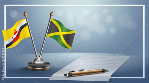 Brunei and Jamaica National flags on small table with bokeh background, cooperative relationship