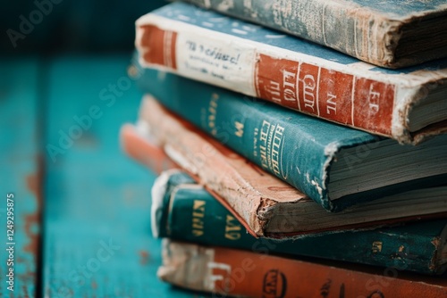 A stack of used textbooks with worn-out covers and dog-eared pages